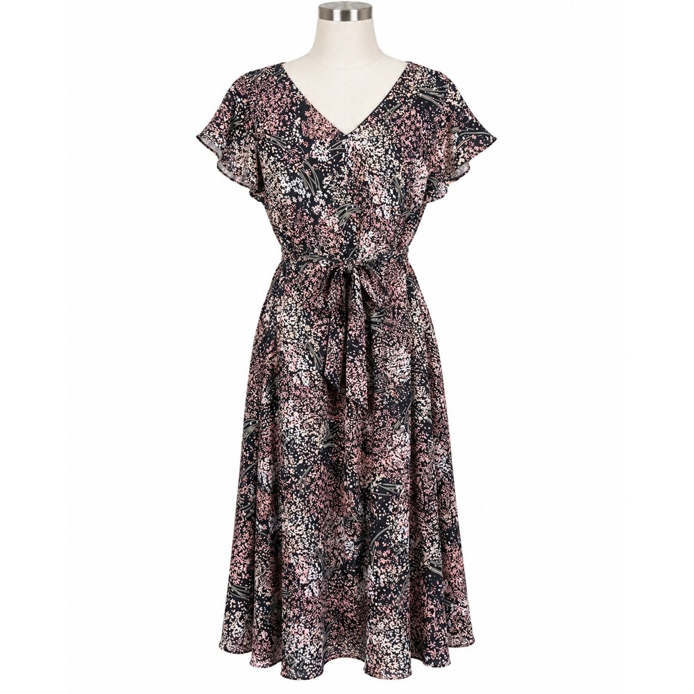 LOFT Petite Floral Midi Dress Romantic Cottagecore Flutter Sleeve Tie Waist LP